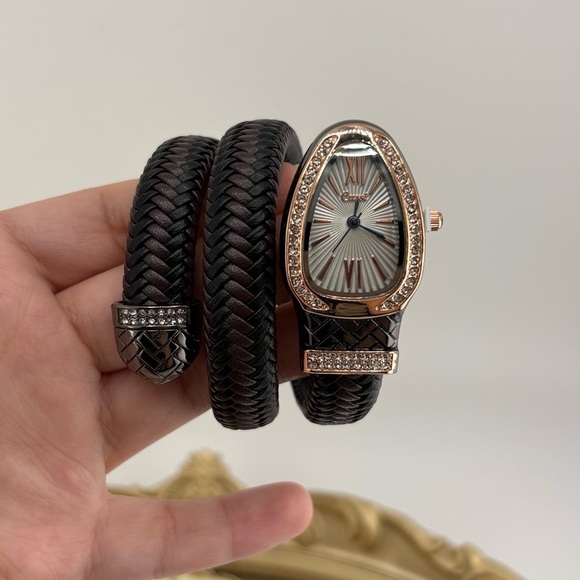 Serpenti Style Wrap Watch –Brown & Black Faux Leather Rose Gold Tone Silver Dial main image 7